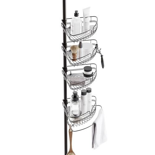 Zenna Home Tension Pole Shower Caddy Corner Organizer, Adjustable Standing Shower Caddy with 4 Baskets and Built in Towel Bar, Rust Resistant Bathroom Tension Rod Organizer, 60 to 97 Inch, Bronze - color: Bronze