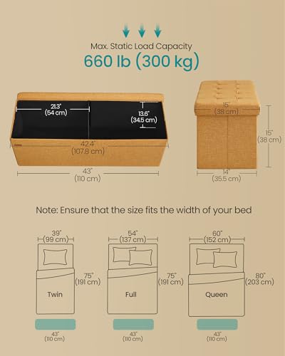 SONGMICS Mazie Collection - Storage Ottoman Bench, 43 Inches Folding Foot Rest Stool, End of Bed Bench, Easy Assembly, for Living Room, Bedroom, Entryway, Ginger ULSF077K04 - color: Ginger, size: 15"D x 43"W x 15"H