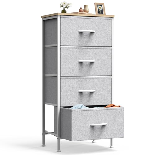 DUMOS Nightstand with 4 Drawers Bedside Table with Removable Fabric Bins Sturdy Steel Frame Wood Top Organizer Furniture for Bedroom Closet Living Room,Light Gray - color: Light Gray, size: 11.82"D x 17.71"W x 37.4"H (4 Drawers)