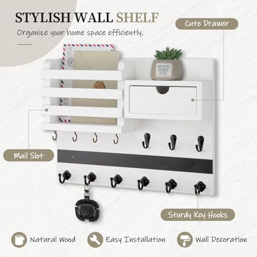 Nekon Key Holder Wall Mount, Rustic Mail and Keys Shelf for Wall Organization with 13 Hooks, Home Decor Accessory with Drawer, White - color: White