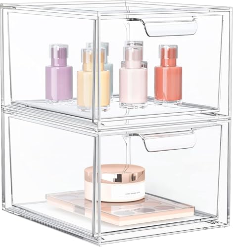 SpaceHacks 2 Pack Stackable Makeup Organizer and Storage, Acrylic Organizers，Clear Plastic Storage Drawer with Handles for Vanity, Undersink, Kitchen Cabinets, Pantry - color: Clear, size: 2 Pack