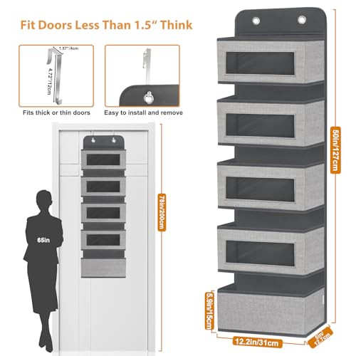 VERONLY Over The Door Hanging Organizer Storage with 5 Large Pockets,Wall Mount Clear Windows and 2 Widened Metal Hooks for Pantry,Nursery,Diapers,Bathroom,Kitchen,Closet,Dorm - color: Dark Grey