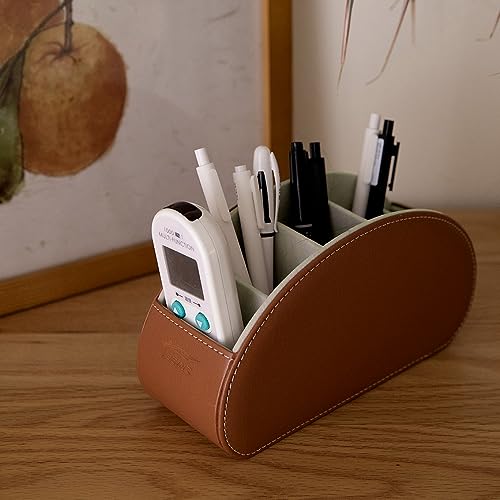 Remote Control Holder Organizer - Table Desk Leather Storage with 5 Spacious Compartments (Brown) - color: Brown