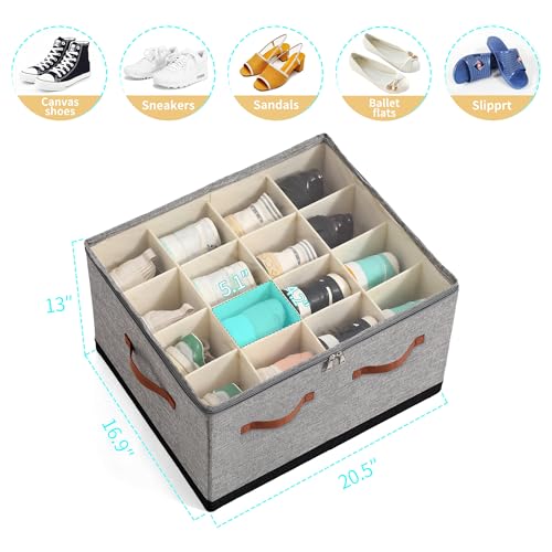 Shoe Organizer for Closet, Foldable Large Shoe Storage Box with Clear Cover, Removable Partitions and Bottom are Supported by Plastic Boards (Grey-Black, 20.5“Lx16.9 Wx13'H) - color: Grey-Black