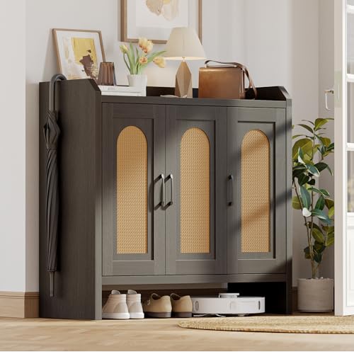 Mericonia Rattan Shoe Storage Cabinet, Farmhouse Shoe Cabinets Storage for Entryway, Boho Wooden Shoe Rack with 3 Doors for Entryway, Hallway (Black, 3 Door) - color: Black, size: 3 Door