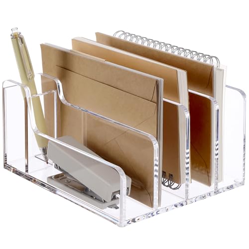 SANRUI Acrylic Mail Organizer, 5 Compartments File Holder for Desk,Letter Sorter with Pen Holder,Desk Organizers and Accessories,Clear Cute Mail Sorter - style: 4 Sections with Pen Holder