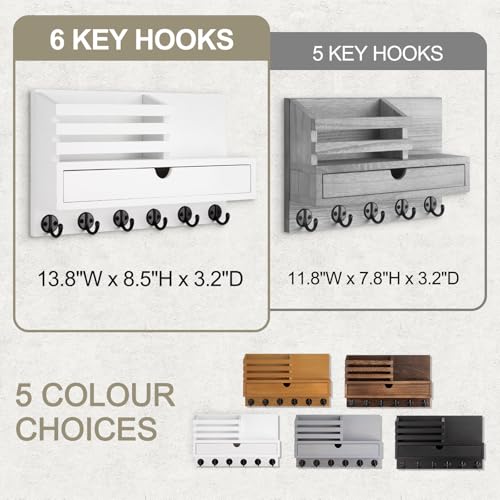 Key Holder Wall Mount, Mail Holder with Storage Drawer and 6 Key Hooks for Coat, Dog Leash, Home Decor Rack, House Accessories, Entry Way Organizer - color: White, size: Large - 13.8 Inch