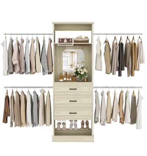Unikito Closet System, 4FT - 9FT Closet Organizer with Mirror, Luxury Walk in Closet Insert with Drawers and 4 Hanging Rods, Sturdy Wood Wardrobe Closet Garment Rack with 25” Tower, White Oak - color: White Oak