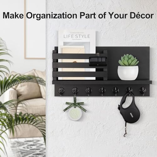 Lwenki Key Holder for Wall – Decorative Wooden Mail Holder and Key Shelf with Mounting Hardware, Installation Guide – Paulownia Wood with Metal Key Hooks (Black, Extra Large - 15.6inch) - color: Black, size: Extra Large - 15.6inch