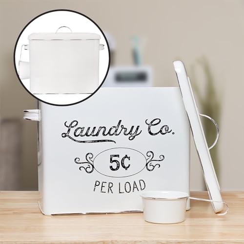 AuldHome Design Farmhouse Laundry Powder Container, White Enamelware Detergent Bin w/Scoop