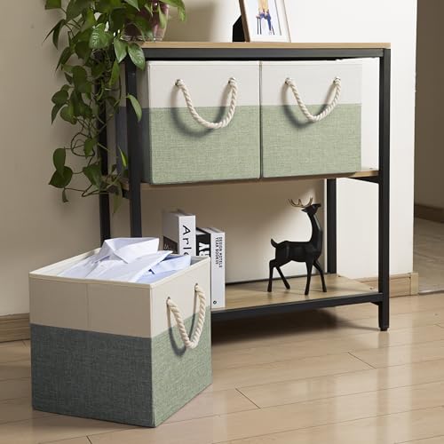PRANDOM Large Foldable Cube Storage Bins 13x13 inch [4-Pack] Fabric Linen Storage Baskets Cubes Drawer with Cotton Handles Organizer for Shelves Nursery Closet Bedroom Beige/Green - color: Beige/Green, size: 13x13 inch(4-Pack)