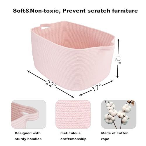 XUANGUO Large Rectangle Blankets Baskets 22"x17"x12" Toy Basket for Kids Woven Cotton Rope Storage Basket for Nursery - Wicker Laundry Baskets for Clothes Towels - Ideal for Living Room Storage pink - color: Pink