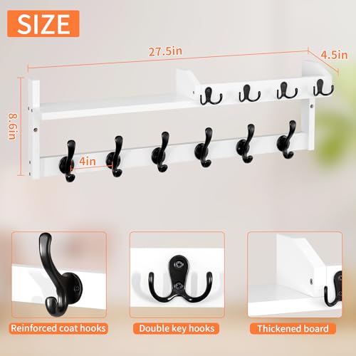 Coat Rack Wall Mount with Shelf, 27.5" Entryway Wall Hanging Shelf, Coat and Key Hanger with 10 Dual Hooks, Mail Organizer and Key Holder Hat Rack for Wall, Wood Coat Hooks with Storage - color: White