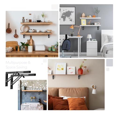 Ravinte 2 Pack 18 Inch Folding Shelf Brackets – Matte Black, Heavy Duty Collapsible Brackets for Tables and Benches – Space-Saving Design - size: 18 Inch