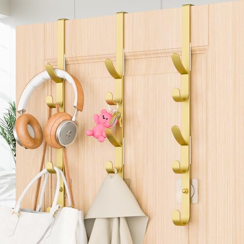 Kaiferty Over The Door Hooks, Metal Door Hooks for Hanging, Over The Door Purse Organizer for Door Coat Hanger, Back of Shower for Hanging Towel Rack Clothes, Hat, Bathroom, Closet (Gold-3Packs) - color: Gold, size: 3 Pack