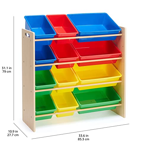 Amazon Basics Kids Toy Storage Organizer With 12 Plastic Bins, Natural Wood, Multicolor, for Bedroom and Playroom, 33.85"D x 12.79"W x 35.42"H - color: Natural Wood With Bright Bins