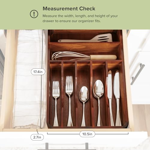 KitchenEdge Silverware Organizer - Cutlery, Flatware, and Utensil Holder for Kitchen Drawers, Fixed 10.5” Width, 7 Storage Compartments, Non-Slip Feet, Rounded Corners, Acacia Wood - color: Natural Acacia