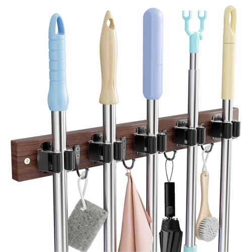 Broom Holder Wall Mount, Rustic Wood Broom Hanger with 5 Racks and 4 Hooks, Laundry Room Organization and Storage, Mop Holder for Home Decor, Garden, Garage, Kitchen, Closet (Black walnut Wood) - color: Black walnut Wood