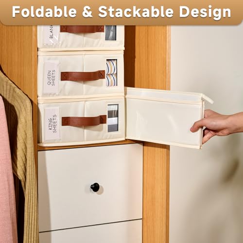 Bed Sheet Organizer 4 Pack - No Insects Entry Sheet Organizers and Storage with Zipper, Label, Handle, Window, Linen Closet Organizers and Storage for Sheet Set, Clothing, Duvet Covers, Blanket - color: White, size: 4 pack