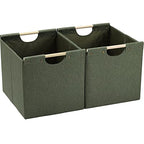 HOONEX Large Collapsible Storage Bins, Linen Fabric, Pack of 2, Storage Baskets with Wooden Carry Handles and Sturdy Heavy Cardboard, for Home, Office, Car, Nursery, Olive - color: Olive