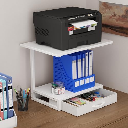 YAOHUOO 2-Tier Desktop Printer Stand with Fabric Drawer, Prtiner Table with Storage Shelf, Desk Organizer for Home Office,3D Printer,Fax Machine,Scanner, 19.6"x14.9" White - color: White, size: Large