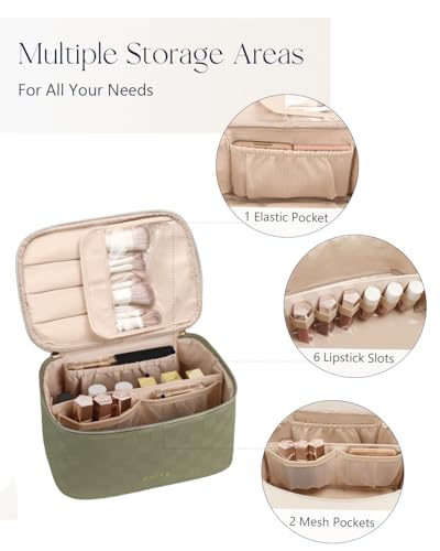 Prite Makeup Bag, Large Capacity Portable Travel Cosmetic Bag, Waterproof Makeup Organizer for Women with Handle and Divider (001 Checkered Green) - color: 001 Checkered Green