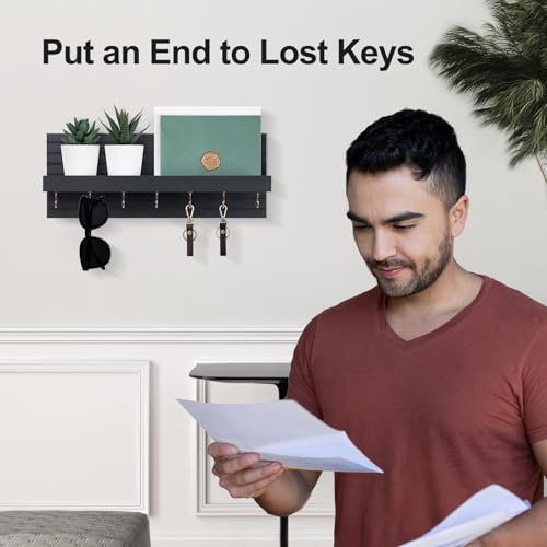 Lwenki Decorative Key Holder for Wall with Shelf, Entryway Shelf with Hooks Holds Leashes, Jackets and Glasses – Sturdy Wood Keyholder Entrance Hanger with Mounting Hardware (Black, Large) - color: Black, size: Large