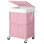 Chrislley 90L Slim Laundry Hamper with Wheels, Rolling Laundry Basket with Lid and Renovable Liner Bag, Handwoven Rattan Organizer for bedroom, bathroom, laundry room (Pink) - color: Pink