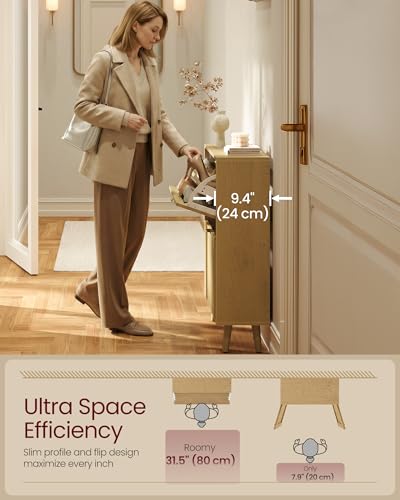 VASAGLE MAXE Collection - Shoe Storage Cabinet with 2 Flip Drawers, Freestanding Narrow Shoe Rack Organizer for Entryway, Fluted Doors, Fits 12-16 Pairs, Mid Century Modern, Oak Beige UHSC202YC03S - color: Oak Beige, size: 9.4"D x 34.2"H, style: 3 Flip Dr