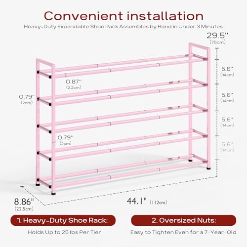 Bumusty 5-Tier Long Expandable Shoe Rack for Closet, 18"-44" Adjustable Shoe Rack for Entryway, 25-30 Pairs Large Shoe Organizer Shelf Storage, Sturdy Metal, Pink - color: Pink, size: 5-Tier