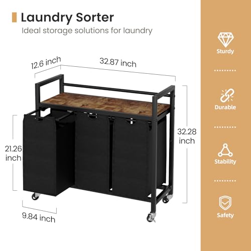 SwaaVee Laundry Hamper, Laundry Basket, Laundry Sorter with 3 Removable Bags, Clothes Basket with 3 Compartments, Wheels, Shelf for Laundry Room Bathroom Bedroom (3 Bags-Black) - color: 3 Bags-Black