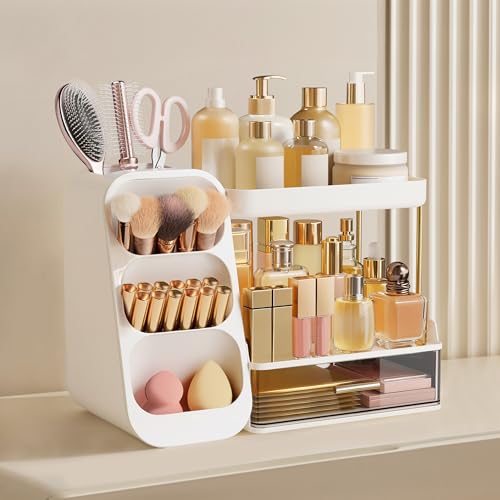 HBlife Bathroom Organizers and Storage with Brush Holder for Vanity, 3 Tier Plastic Makeup Organizer for Dresser Counter, Skincare, Lipstick, Perfume, and Cosmetic Storage - color: White, size: Medium