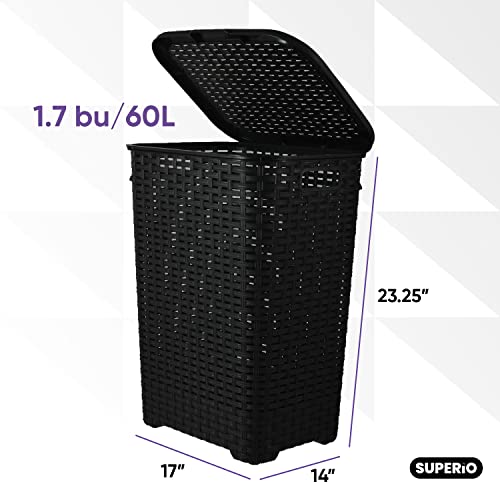 Plastic Laundry Hamper with Lid Laundry Hamper Basket, Black Tall Cloths Hamper Organizer with Cut-out Handles. Space Saving for Laundry Room Bedroom Bathroom, Wicker Design 60 Liter - color: Black, size: 1-pack