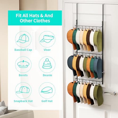 HapiRm Over Door Hat Rack - 3 Tier Wall Mounted Hat Organizer with 24 Hooks, Baseball Cap Organizer Storage Holds up to 24 Caps for Door, Bedroom, Closet - color: Hooks Black, size: 3 Tier