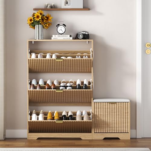 HUANLEGO Shoe Cabinet Storage for Entryway with 4 Flip Drawers, Oak Fluted Shoe Cabinet with Bench, Wooden Hidden Shoe Rack Freestanding Narrow Slim Shoes Storage Organizer for Hallway, Entrance - color: Oak, size: 4 Drawer with Bench