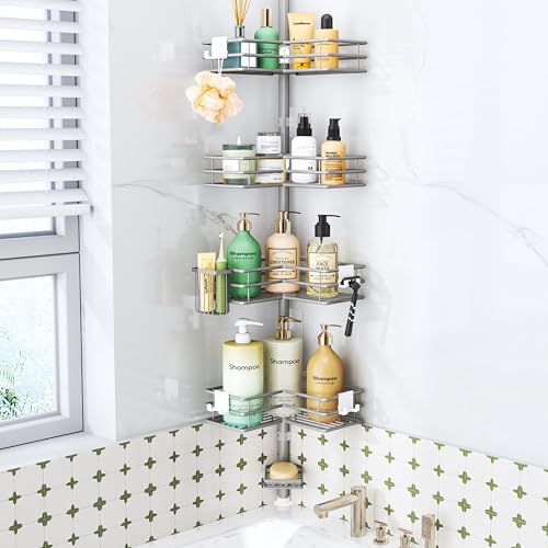 HapiRm Corner Shower Caddy Organizer - Shower Organizer Corner with Soap Holder, Toothbrush Holder and 4 Hooks, Rustproof Bathroom Shelf Tension Pole Available for 27.6 to 108.3 Inch - Silver - color: Silver