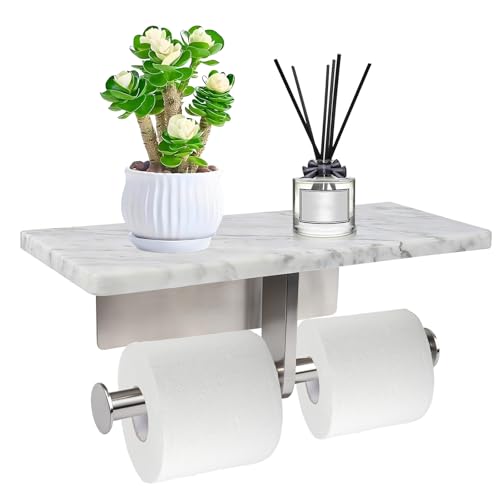 Toilet Paper Holder with Natural Marble Shelf for Bathroom Washroom,Wall Mounted Tissue Holder Suitable for Mega Roll (Brushed Nickel, Large 11.8 * 4.7) - color: Brushed Nickel, size: Large 11.8 * 4.7 in
