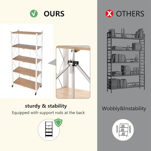Hershii 5 Tier Foldable Storage Shelves with Wheels - Metal Collapsible Shelving Unit Display, Heavy Duty No Assembly Organizer Shelf for Garage, Kitchen, Basement, Pantry - color: Light Brown, size: 5-Tier (59.8 X 26.7 X 13.38 IN)