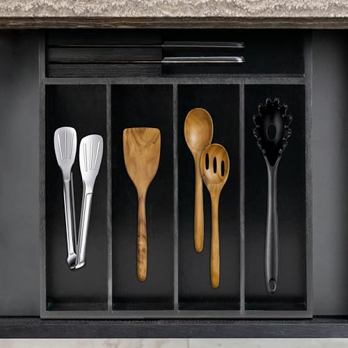 VaeFae Bamboo Silverware Organizer, Utensil Holder for Drawer, Wooden Cutlery Tray with Divider for Kitchen Drawer, Utensil Organizer with Knife Block（Black） - color: Black, size: Small - Non-expandable with Block