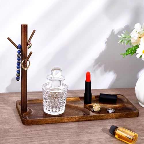 PH PandaHall Wood Key Tray for Entryway Table Key Holder Jewelry Tray for Home Decorations with Hanging Organizer Ring Bracelet Stand Tray for Watch Glasses Phone12.9x4.7x8.9 Inches, Brown
