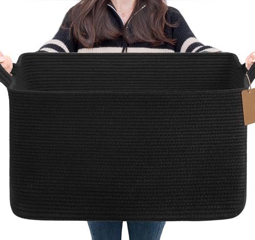 Goodpick Woven Storage Baskets for Organizing 22”x17”x12” Large Blanket Basket for Living Room Bedroom, Rectangle Nursery Baby Toy Storage Basket for Kids Boys, Black - color: Black, size: 22"L x 17"W x 12"H