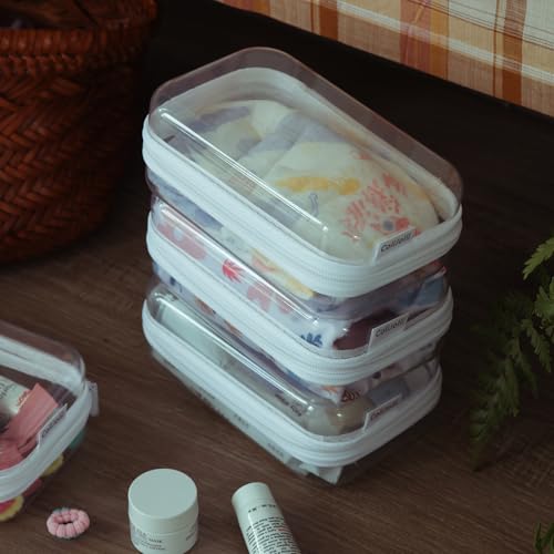 CoiiJoii Zippered Pouch Hard, Clear Zippered Hard Pouch, Stackable Storage Bins, Portable Clear Bin Zipper (White, Small) - size: 3Pcs-Small