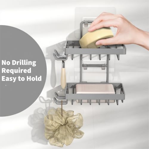 Moforoco Grey Double Soap Bar Holder for Shower, No Drilling, 304 Rustproof Stainless Steel, Wall Mounted Soap Holder with 4 Hooks and Razor Holder, Shower Rack Soap Tray Bar Soap for Bathroom - color: Grey, size: 2-T