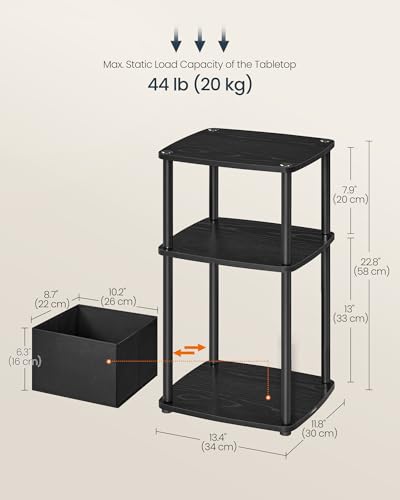 SONGMICS Home Side Table, 3-Tier Nightstand with Storage, End Table with Fabric Basket, for Bedroom, Living Room, Steel Frame, Superfast Toolless Assembly, Modern, Ebony Black ULET286B01 - color: Ebony Black, size: 1 pack