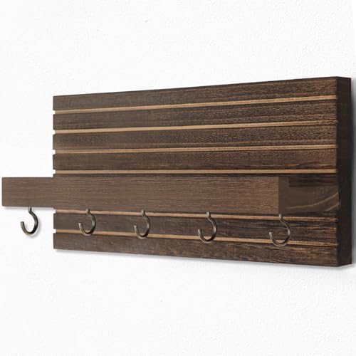 Lwenki Decorative Key Holder for Wall with Shelf, Entryway Shelf with Hooks Holds Leashes, Jackets and Glasses – Sturdy Wood Keyholder Entrance Hanger with Mounting Hardware (Brown, Medium) - color: Brown, size: Medium
