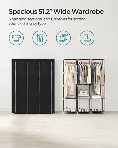 SONGMICS Portable Closet, Wardrobe Closet Organizer with Cover, 3 Hanging Rods and Shelves, 4 Side Pockets, 51.2 x 17.7 x 65.7 Inches, Large Capacity for Bedroom, Living Room, Ink Black URYG092B02 - color: Ink Black, size: 3 Tiers（51.2"L）