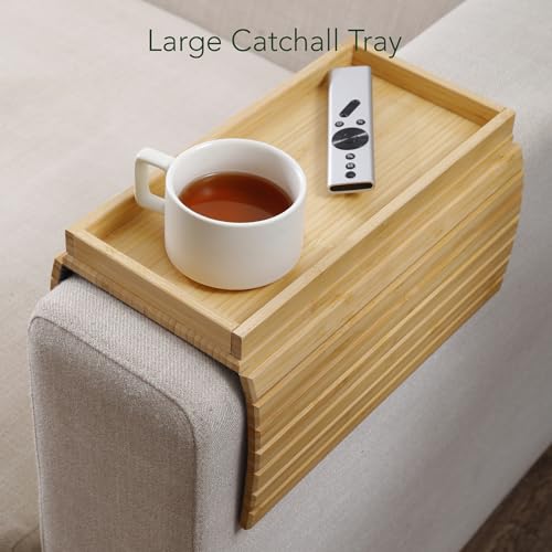 DETOR Couch Tray with Spacious 12.4" x 5.4" Storage Box, Natrual Bamboo Finish, Enhanced Non-Slip Felt Bottom, Sturdy Bamboo Slats, Fits Armrests 6" and Wider - color: Natural
