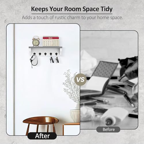 Nekon Key Holder for Wall, 11.8" W x 3.5" H x 2.8" D Decorative Key Organizer with Floating Shelf, Wall Mount Key Rack with 5 Hooks (Gray) - color: Gray