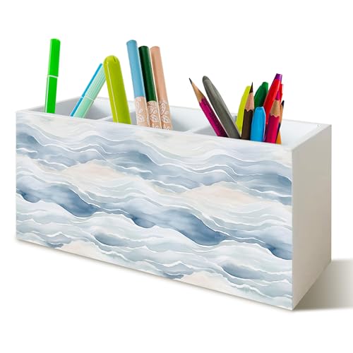 Ocean Waves Beach Pen Pencil Holder Organizer for Desk, Watercolor Coastal Beach Wooden Box Block Sign for Home Office Tabletop Decor - color: Wave