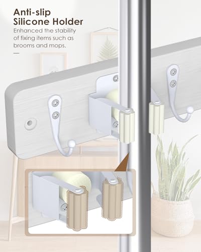 AceMining Broom Holder Wall Mounted, White 4 Holders and 4 Hooks Mop Holder, Wooden Mop and Broom Holder with Anti slip rubber, Natural pine wood Brush Holder, Mop Wall Holde with Nail installation - color: White, size: 1 Pack